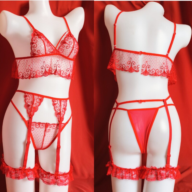European and American Cross-Border Plus-Size Lingerie Set, Red Lace Bra, Seductive Sexy Outfit, Women's Erotic Garter Belt Set