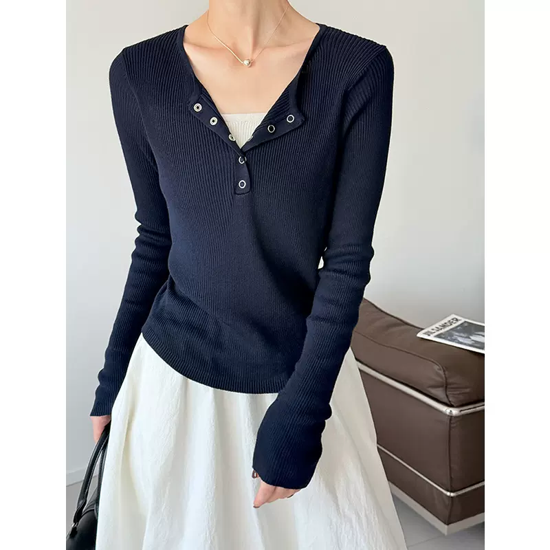 橘芷 早秋新款 v领长袖上衣针织开衫修身显身材宽松显瘦上衣 6711