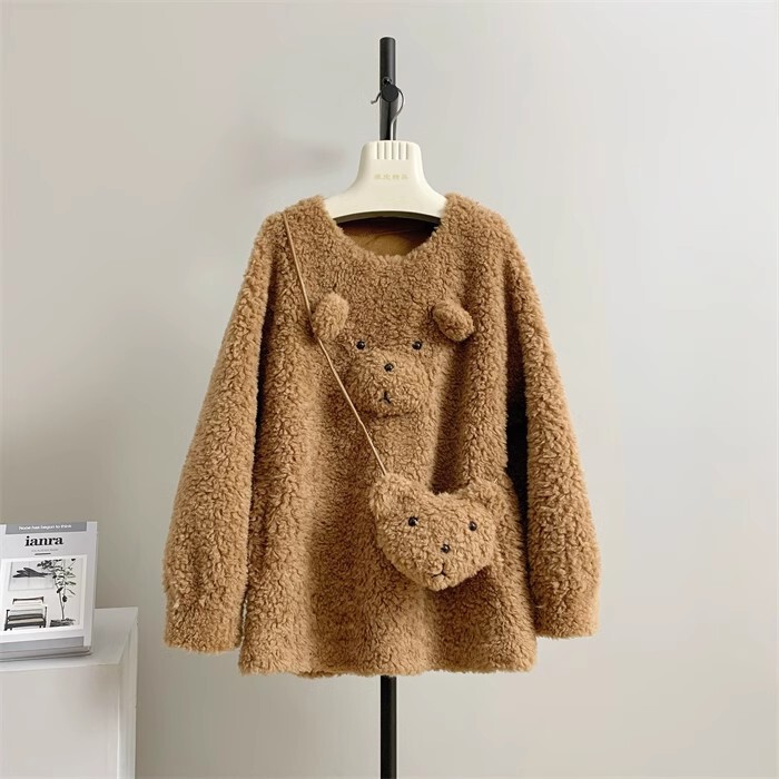 Small flower same style full wool lamb fur coat women's cashmere pullover sweater cute teddy bear fur integrated Small flower same style full wool lamb fur coat women's cashmere pullover sweater cute teddy bear fur integrated