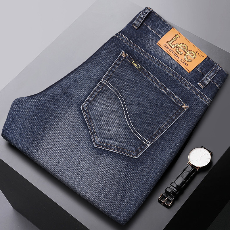 Li Le Foreign Trade Retro Blue Light Business Men's Jeans, Stretchy Slim Straight Fit, Autumn and Winter Washed Men's Long Pants, Vintage Style
