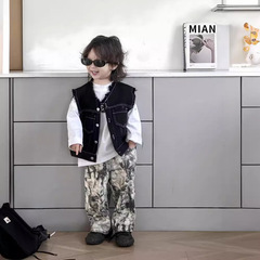Boys' Spring Outfit Top Korean Style Children's Wear 2024 Spring New V-neck Fleece Vest