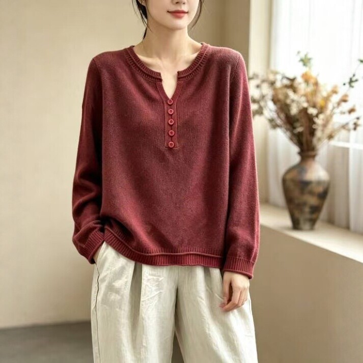 2026 Autumn New Loose Long-Sleeve Knit Sweater for Women, Cotton Yarn, Vintage Pullover Sweater, Plus Size Cotton 2026 Autumn New Loose Long-Sleeve Knit Sweater for Women, Cotton Yarn, Vintage Pullover Sweater, Plus Size Cotton