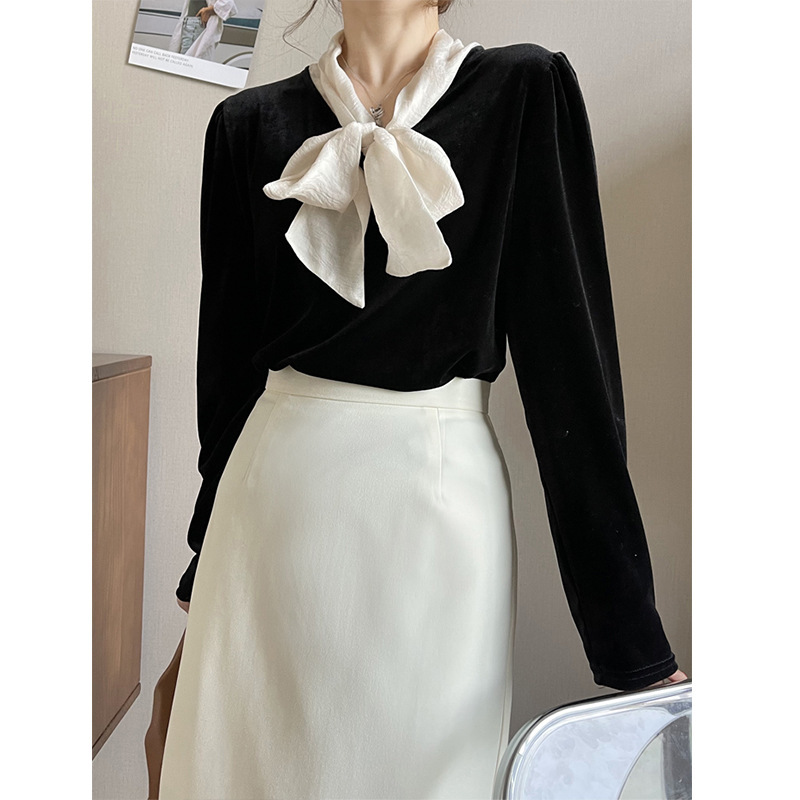 Orange Velvet Spring Shirt for Women, Elegant French Style, Black Vintage Shirt with Tie, Loose Top 2999