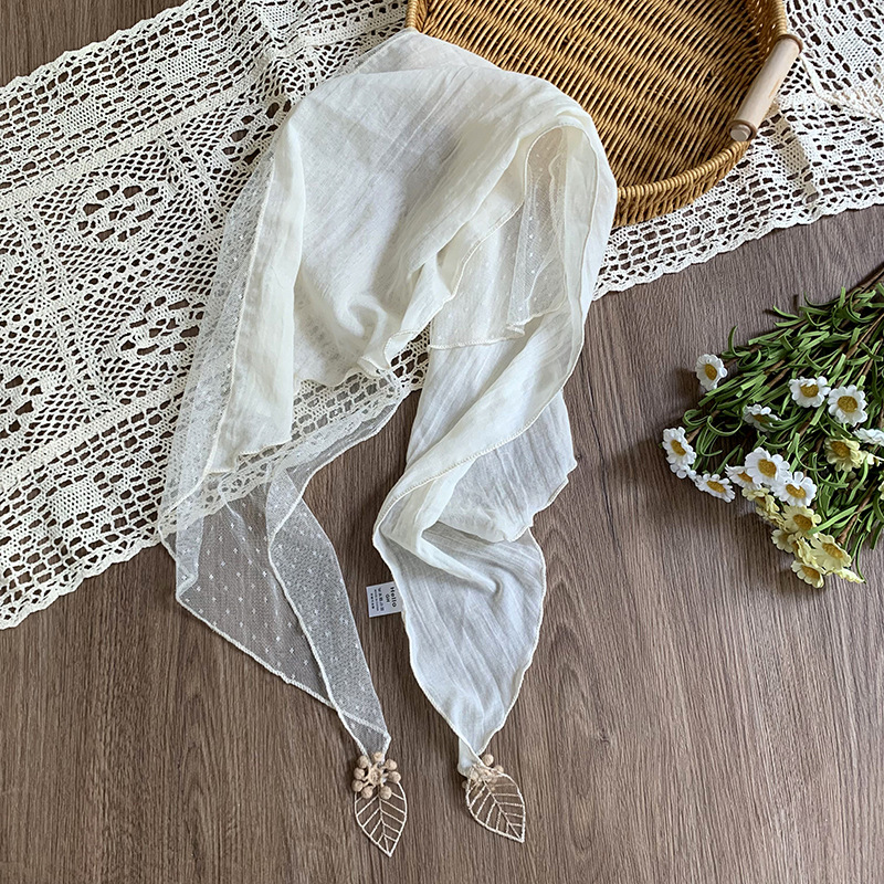 Pañuelo de seda de encaje, estilo literario de alta gama, colgante de hoja fina, bufanda pequeña, pañuelo en la cabeza, diadema pastoral femenina de verano, accesorios para el cabello