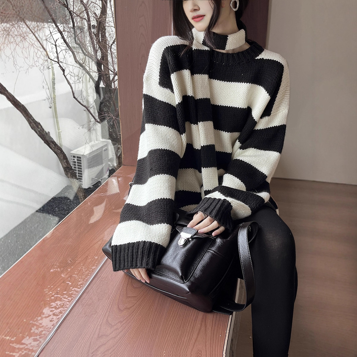 清仓不退换十三行冬羊毛韩系慵懒宽松条纹围巾两件套毛衣女A3081