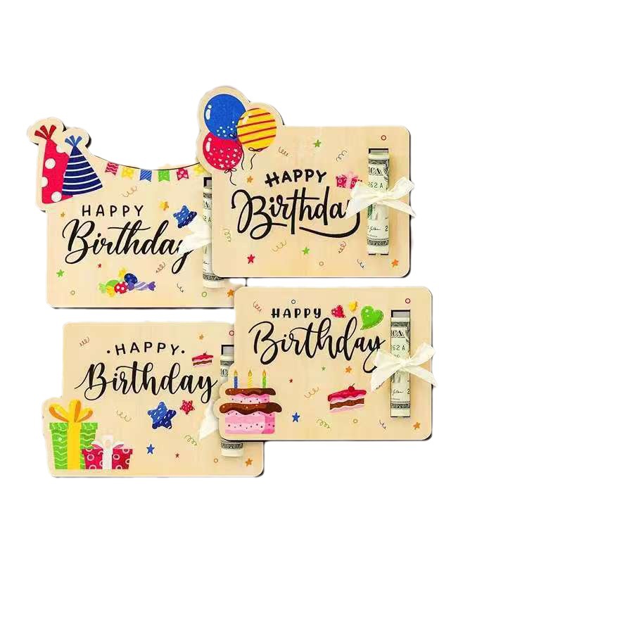 Cartera de cumpleaños de madera explosiva transfronteriza, regalo en efectivo, regalo de dinero divertido, dinero en efectivo, tarjeta de cumpleaños con dinero de madera