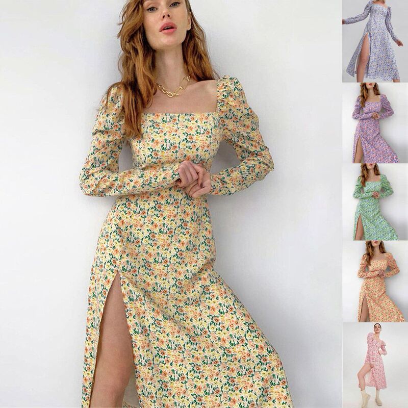 Wish2026 Spring and Summer Bohemian Long-Sleeved Slit Dress European and American Youthful Sweet Little Daisy Print Long Dress