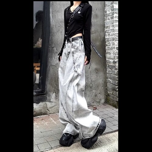 Summer Personalized Splicing Loose Wide Leg Pants Slim Heavy Industry Trendy Cool Denim for Women and Men
