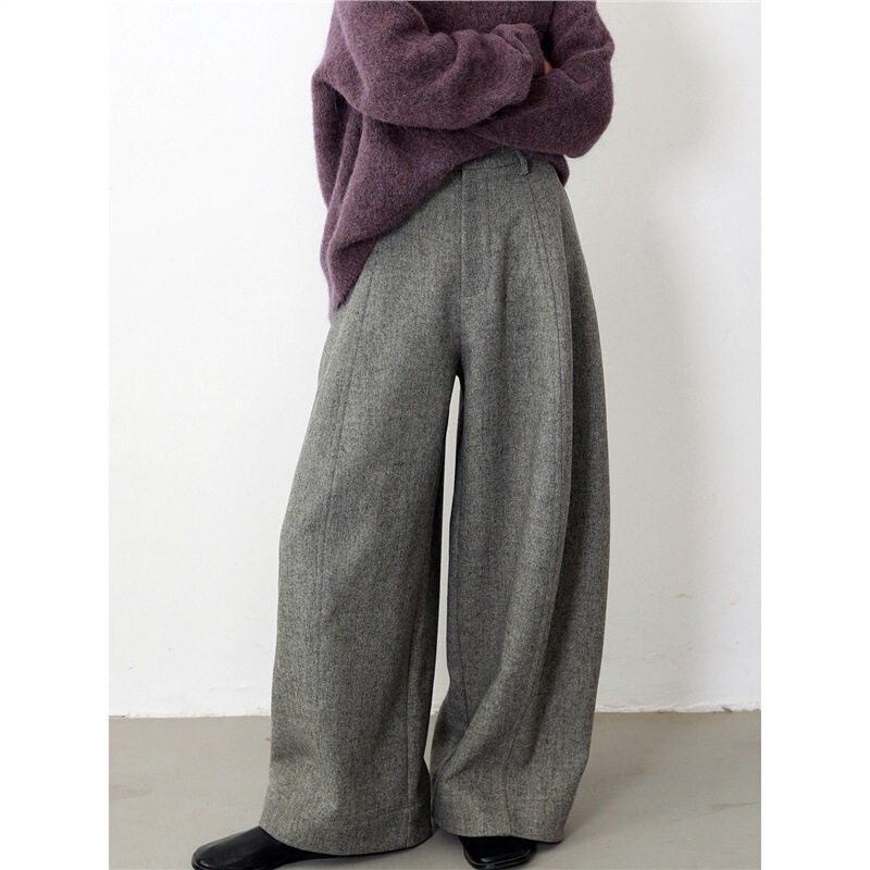 Woolen stonewort pants, wool yarn-dyed knitted base, autumn and winter silhouette, voluminous casual pants, curved wide-leg long pants for women