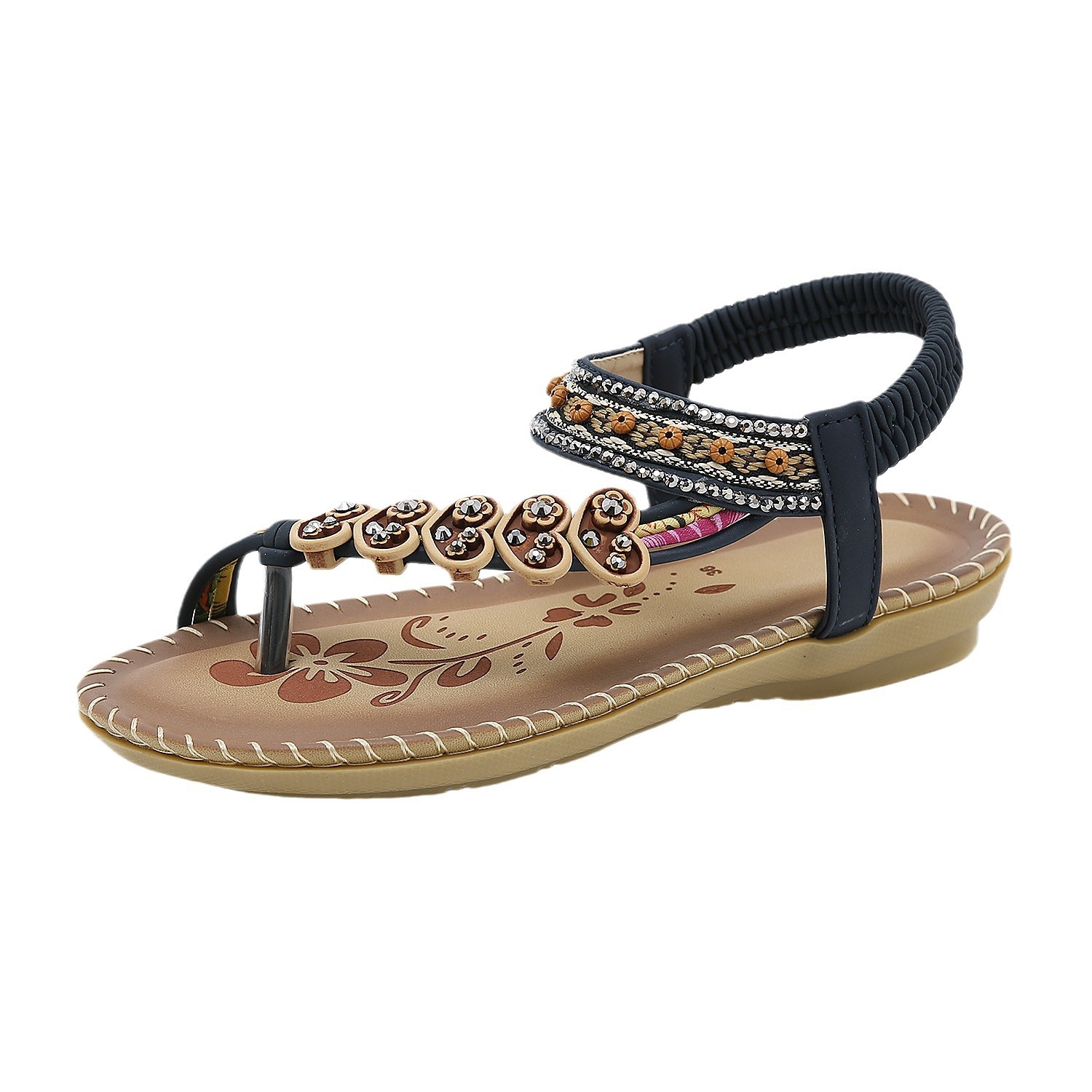 Comercio exterior transfronterizo 2023 verano rhinestone estilo bohemio sandalias de las mujeres étnicas más el tamaño del dedo del pie Sandalias planas mujeres