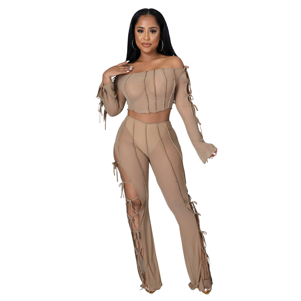 Top Long Sleeve Short Top Slim-Fit Lace up Slim Fit Trousers  Perspective Two-Piece Set for Women in Pant Sets