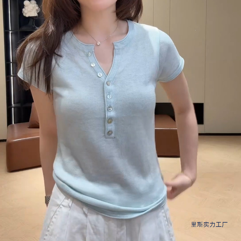 Spring Style Simple Slim-Fit Single-Breasted Short-Sleeved Top, Versatile Solid Color Knit Top Spring Style Simple Slim-Fit Single-Breasted Short-Sleeved Top, Versatile Solid Color Knit Top