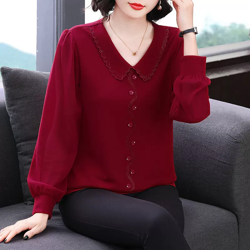 新款娃娃纯色2025秋季新款时尚遮肚子上衣烫钻中老年打底长袖T恤