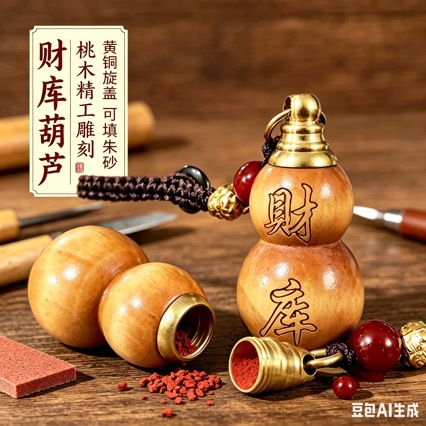 普陀仿桃木实木空心葫芦福禄钥匙扣财库挂件填充红沙可随身可车载