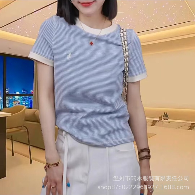 Spring and Summer Women's New High-end Short-sleeved T-shirt Embroidered Round Neck Slimming Western Style Striped Base Shirt Inner Top