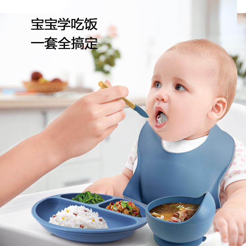 Vajilla de silicona para niños, vajilla de alimentación para bebés, babero de silicona, tazón de alimentos para bebés