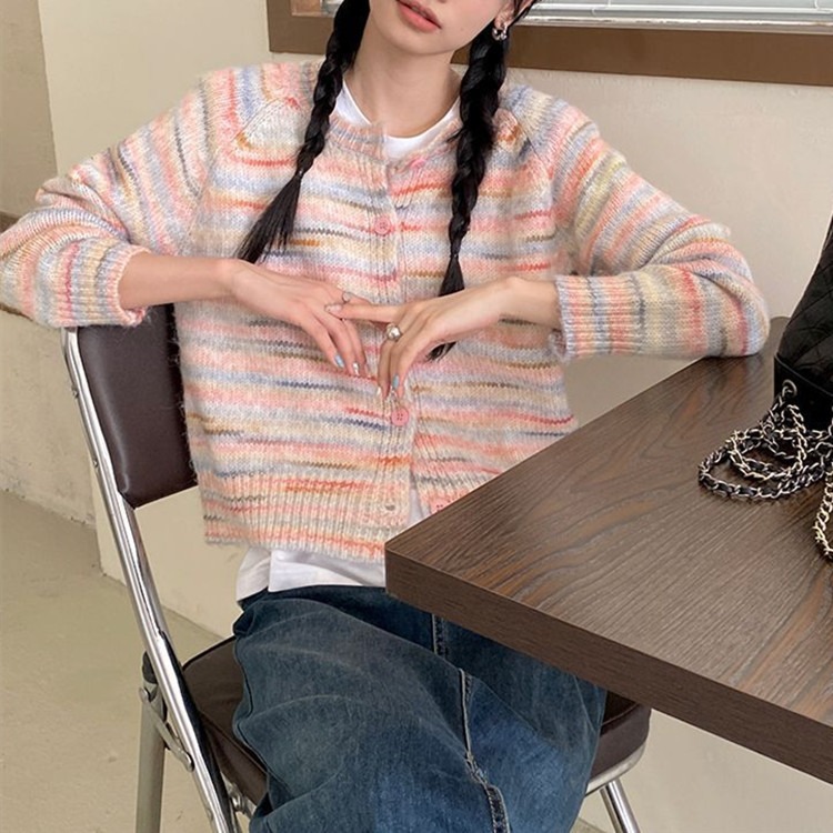 Colorido cuello redondo simple cardigan para mujeres 2023 otoño e invierno nuevo todo-juego abrigo manga larga suelta adelgazamiento ropa de abrigo suéter image 5