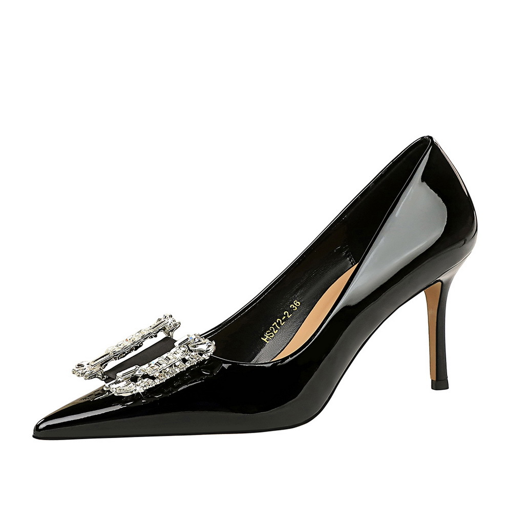 272-K72 European and American Banquet High Heels, Thin Heels, Shallow Mouth, Pointed Patent Leather, Metal Water Diamond Buckle Single Shoes, High Heel Women's Shoes