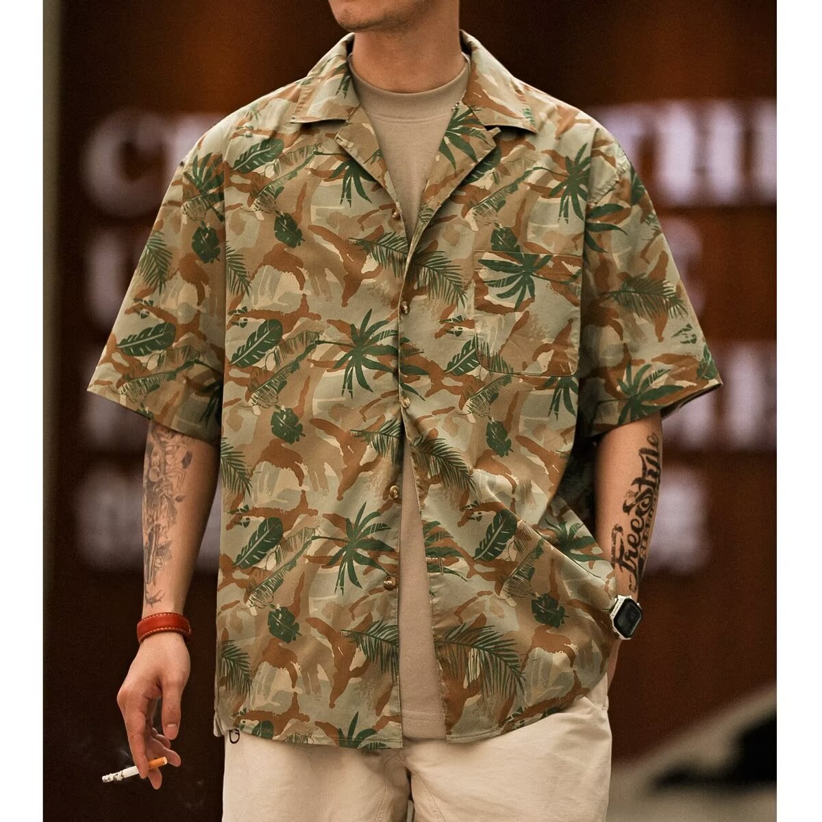 美式复古经典古巴领短袖衬衫男士宽松大码夏威夷度假休闲沙滩衬衣