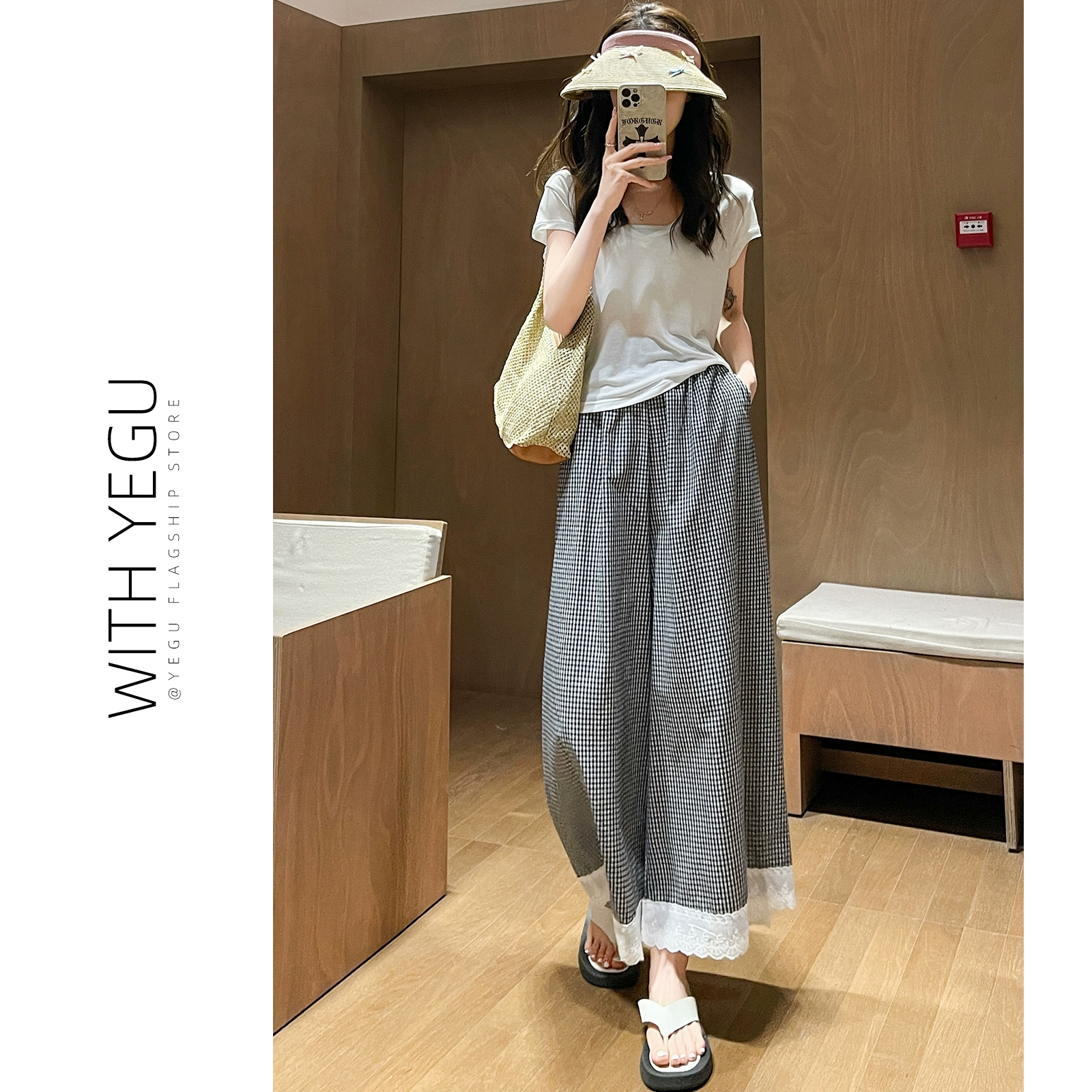 Клетчатые юбки женские кружевные широкие брюки летние свободные брюки с высокой талией и подвеской повседневные брюки маленькие прямые брюки