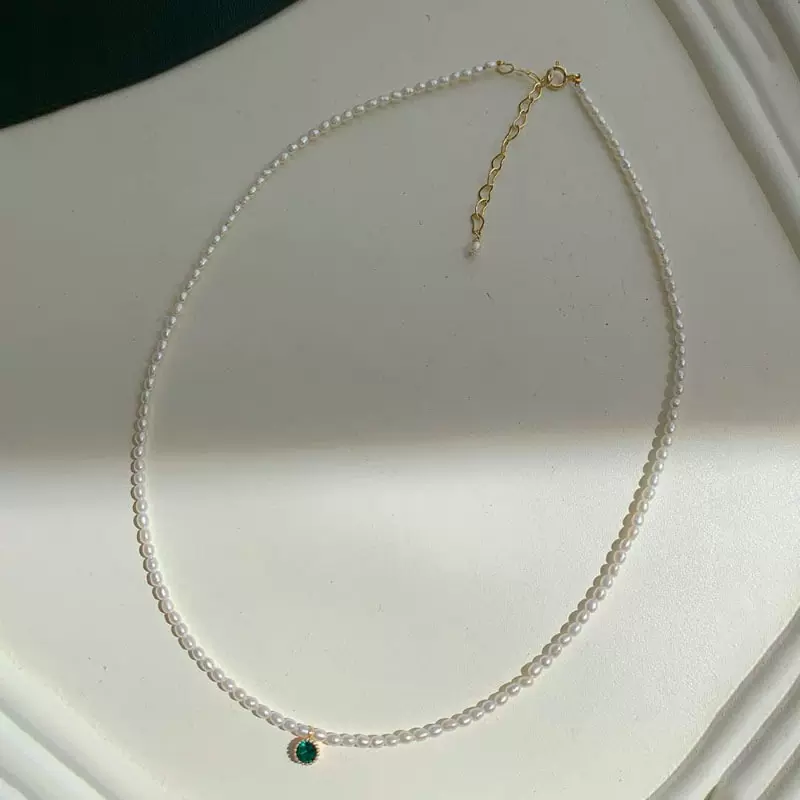 诸暨珍珠3-4MM小米珠颈链14k注金淡水绿宝吊坠项链饰品女天然