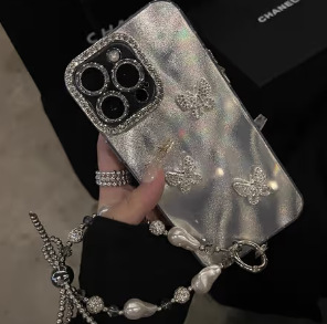 Ligero lujo ins tridimensional perla mariposa aplicable iphone15 funda para teléfono móvil 13/14 Apple 16ProMax pulsera mujer