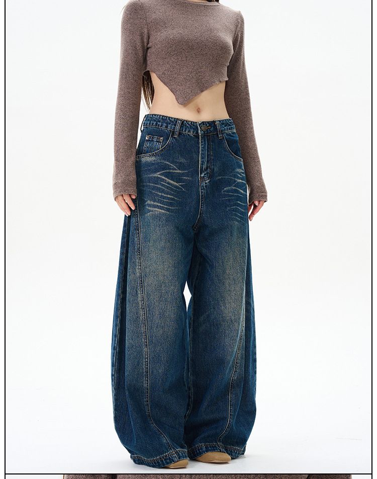 boy American Retro Cat Whiskers Washed Jeans Men's Niche Design Atmosphere Loose Straight Wide-Leg Denim Pants_viptrois.com