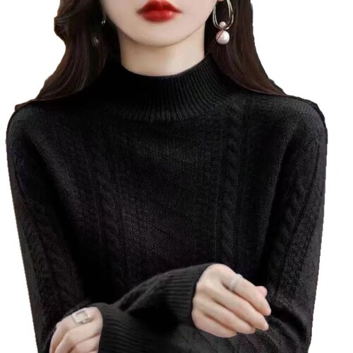 Autumn and winter new semi-high-neck knitted sweater for women's loose long-sleeved shirt with thick and warm solid color based shirt with all-match matching