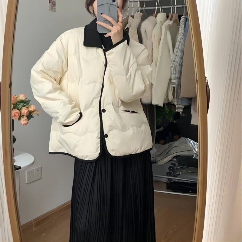 Down Cotton Jacket for Women in Winter, Short, Light and Loose Cotton Jacket, Fashionable Korean Style Contrasting Lapel Jacket, Small Fragrant Cotton Jacket