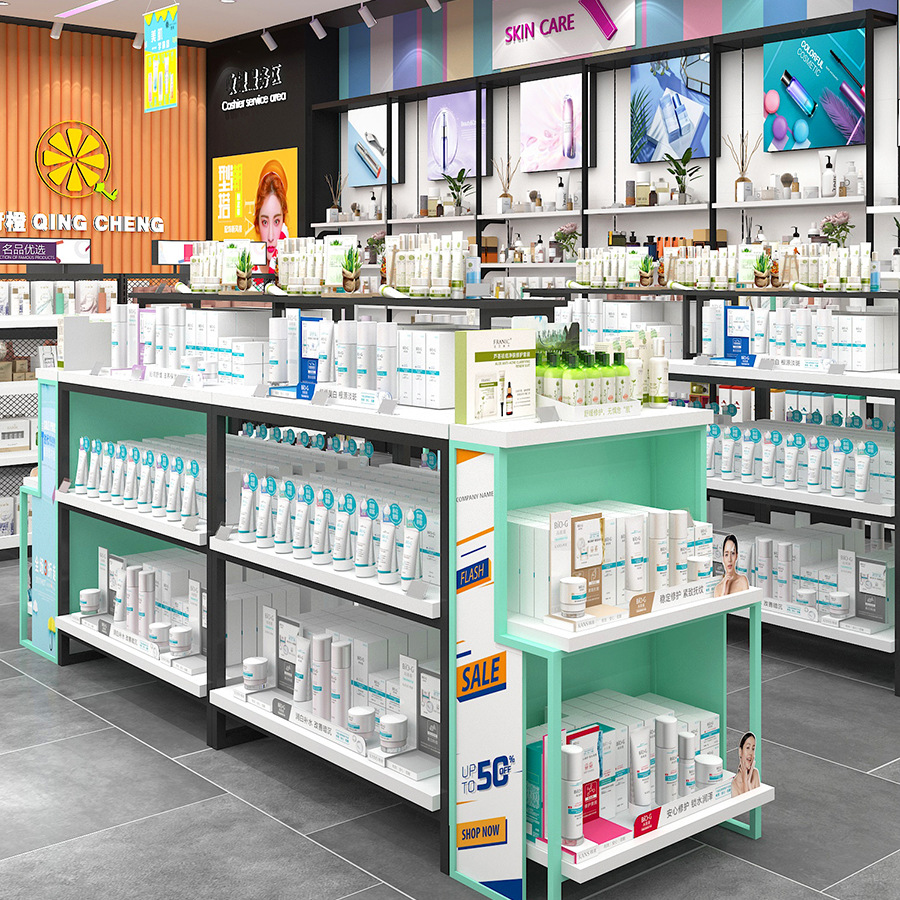 化妆品柜护肤品货架双面中岛样品展示柜美容院金属烤漆陈列柜定制