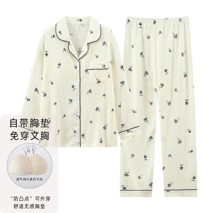 Nube de algodón pijama de primavera y otoño dulce dibujos animados con cojín de pecho cardigan de manga larga pantalones largos dos piezas de ropa de hogar