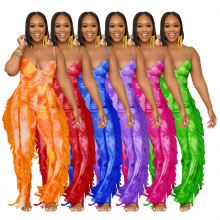 AL247 亚马逊跨境欧美女装套装印花流苏花边吊带连体裤两件套微喇