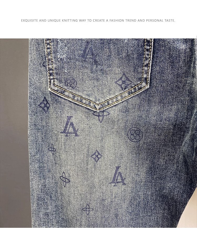 Slim Fit Printed Cropped Jeans For Men Distressed Patched Design_voghion.com