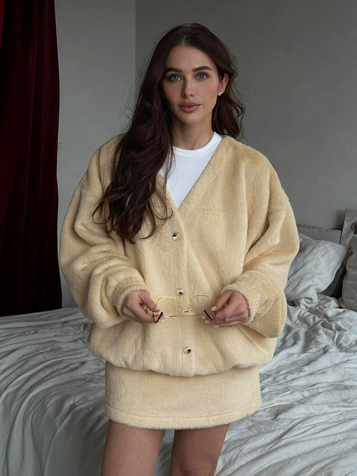 Bộ đầm nữ áo cardigan dệt kim lông mềm tay dài phối chân váy ngắn — Kaki chi tiết 4