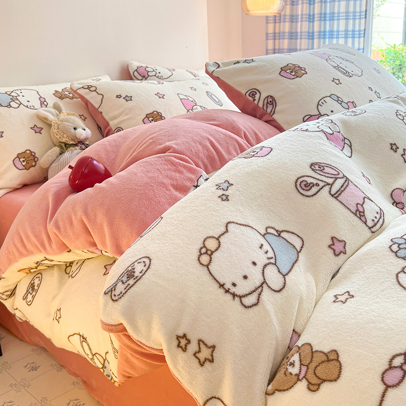 Cama de dibujos animados de leche de seda de cuatro piezas 2026 nueva sábanas de seda de coral de otoño y invierno cubierta de colcha de cama de tres piezas