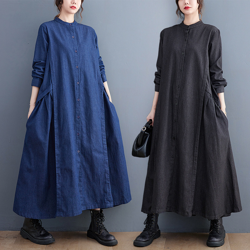 Real Shot of 2026 Loose-Fitting, Slimming, Simple Stand-Collar Denim Patchwork Pleated Mid-Length Elegant Shirt Dress Real Shot of 2026 Loose-Fitting, Slimming, Simple Stand-Collar Denim Patchwork Pleated Mid-Length Elegant Shirt Dress