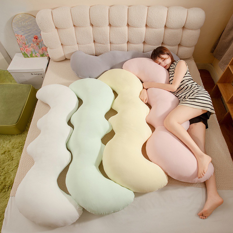 Cloud Wave Long Pillow for Girls to Sleep with Legs Folded, Side Sleeping Cool Ice Silk Cushion Doll Long Pillow for Pregnant Women