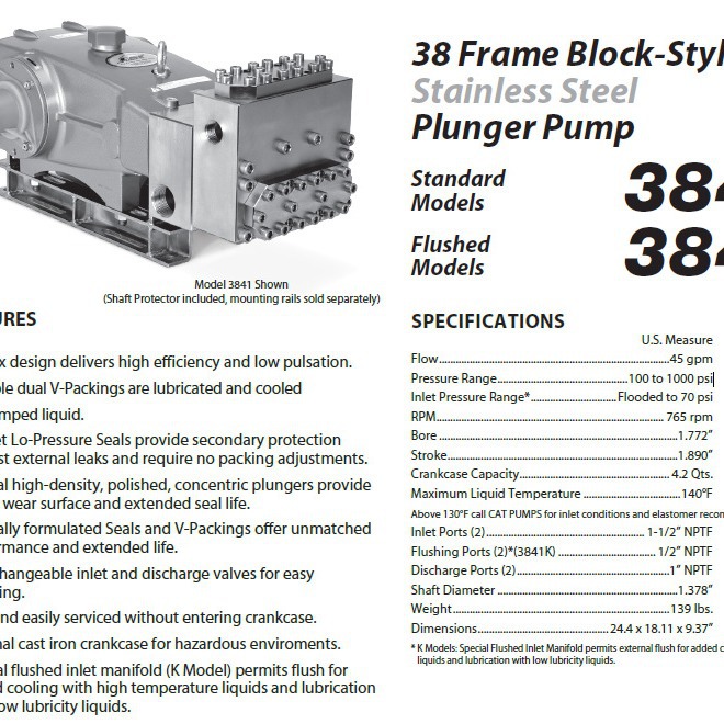美国猫牌cat pumps高压柱塞泵3841， 中国区代理 供应全国
