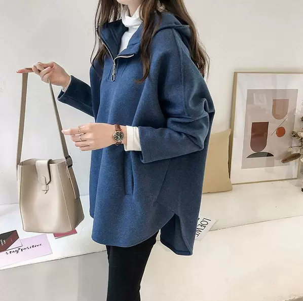 2025秋冬中长宽松BF风连帽卫衣女套头长袖港味chic半拉链外套 8色
