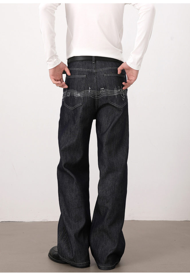 Quần jeans nam màu nguyên bản thêu họa tiết nốt nhạc phong cách retro, dáng cleanfit ống rộng suông chữ A — Xanh nguyên bản chi tiết 12