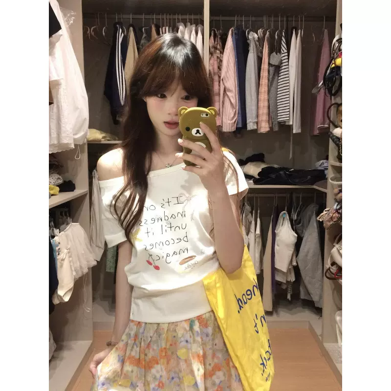 美式辣妹时尚字母斜肩短袖t恤女夏季2025新款宽松显瘦设计感上衣