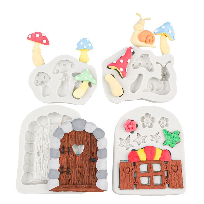 Pequeña flor hada estilo pastoral forma de hongo silicona fondant dibujos animados puerta de madera molde de pastel pastel decoración de chocolate epoxi