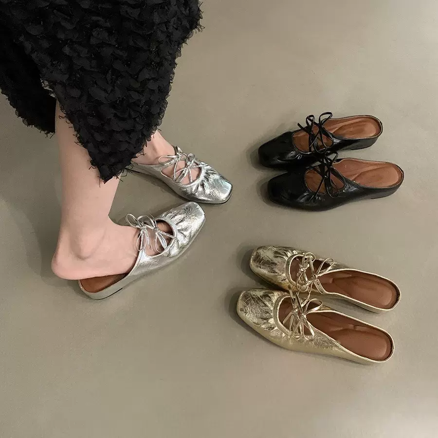 内增高蝴蝶结银色包头半拖女鞋子时尚外穿2025新款夏季玛丽珍凉鞋