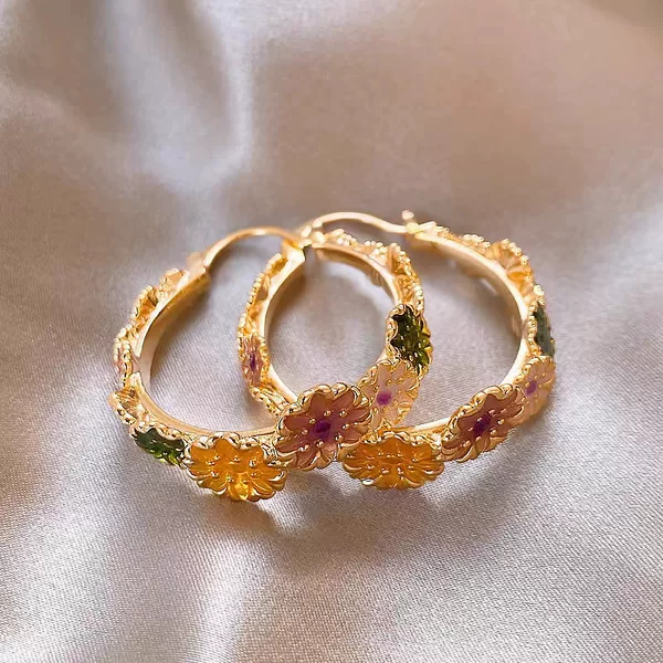Fashion Light Luxury High Sense Color Flower Ring Ear Buckle Niche Design Elegant Elegant All-match Elegant Trendy Earrings