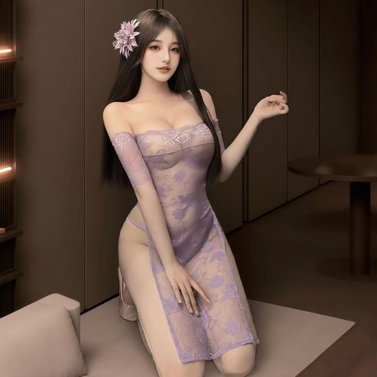 蕾丝葡萄紫高级半透性感睡裙深V免脱露背qqny睡衣家居服透视套装