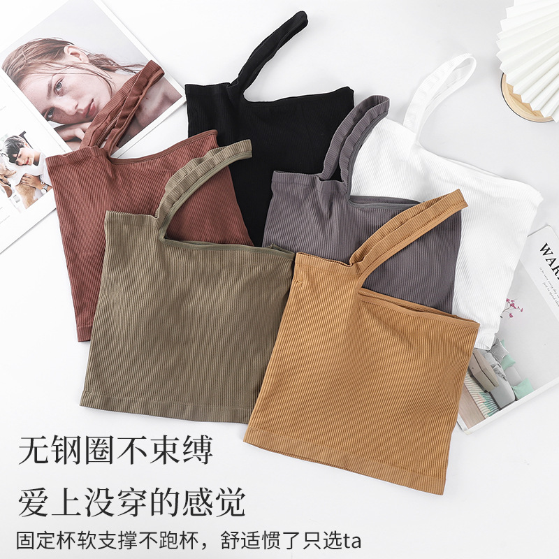 辣妹斜肩吊帶背心女外穿夏季帶胸墊抹胸內搭美背裹胸別致短款上衣