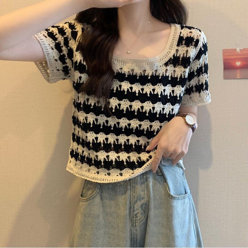 Retro Striped Short-Sleeved Sweater for Women, New Summer Style, Hollow-Out, Loose-Fitting Short Top for Petite Women