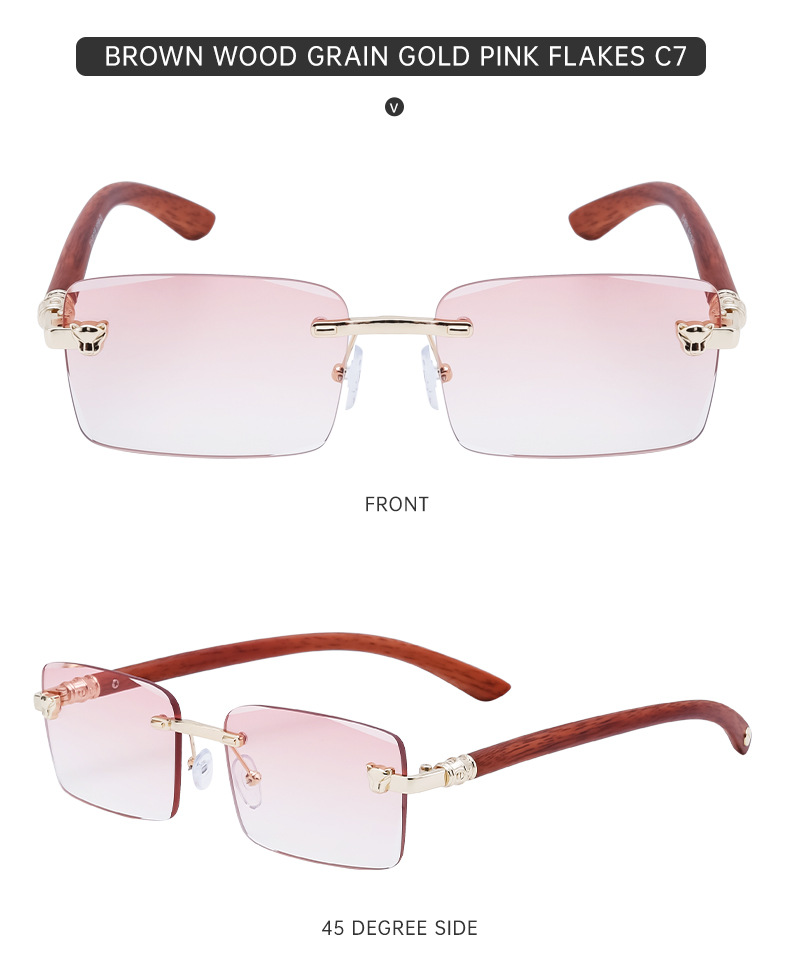 2024 Neue europäische und amerikanische rahmenlose Retro-Sonnenbrille für Herren mit Spiegelbeinen aus Holzmaserung und Sonnenbrille für Herren_voghion.com
