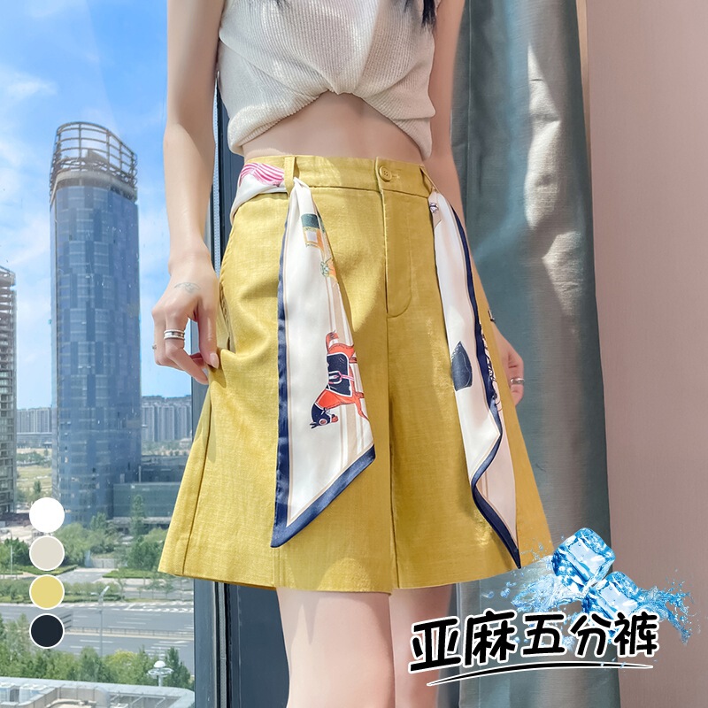 2025 Summer New Style Tencel Linen Five-Point Pants Wide-Leg Pants Slimming High-Waisted A-Line Shorts Thin Cotton-Linen Pants for Women