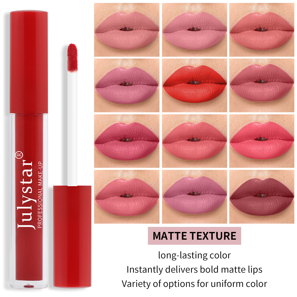 Make-up-Lippenstift für Frauen, langlebig, verblassend, klebt nicht an den Körbchen, reine Farbe, mattes Finish, feiner Tuben-Lipgloss_voghion.com
